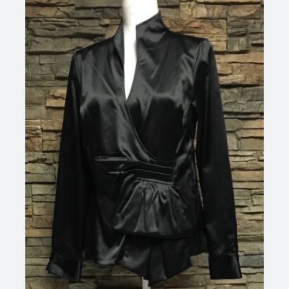 Vintage Y2k 90s Katherine Barclay Blouse Satin Ruched Black Goth Formal Sz L